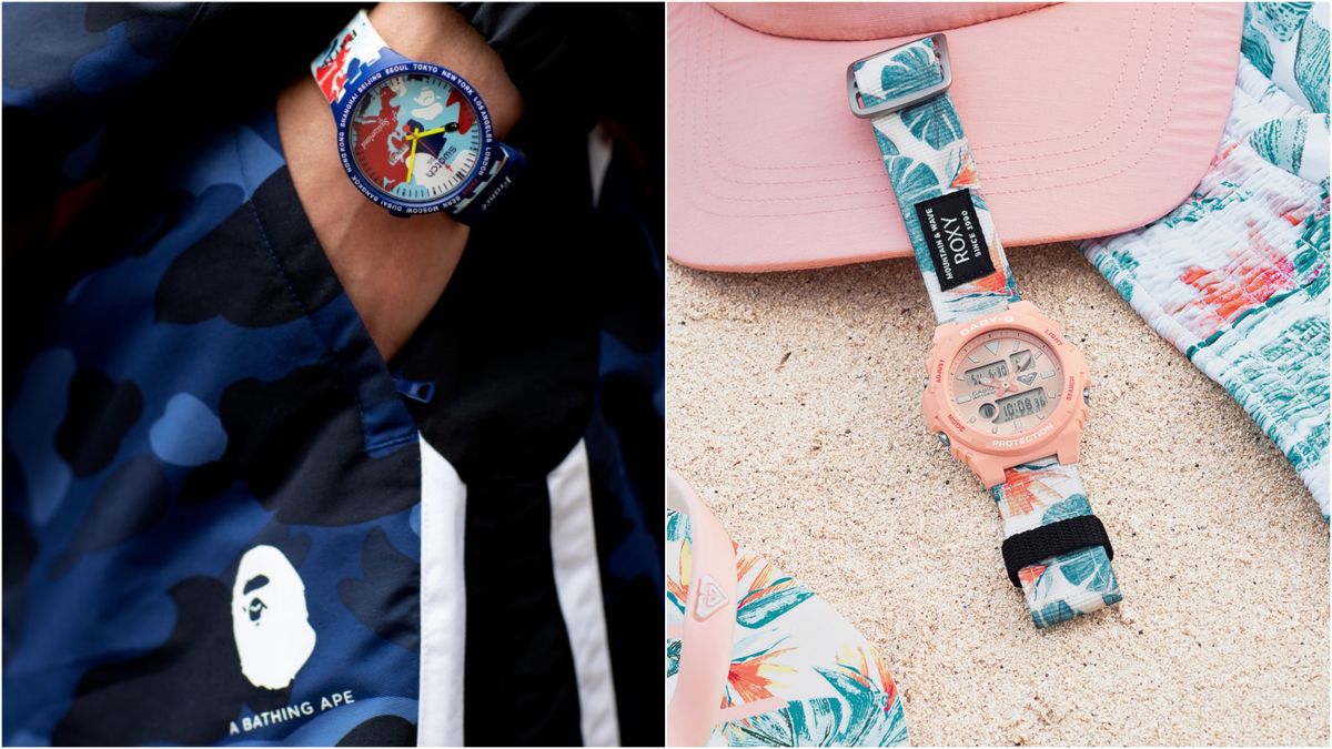▲潮牌霸主 BAPE 重磅聯名 swatch。CASIO BABY-G 25 週年則找來 ROXY 聯名。（圖／swatch、CASIO BABY-G提供）