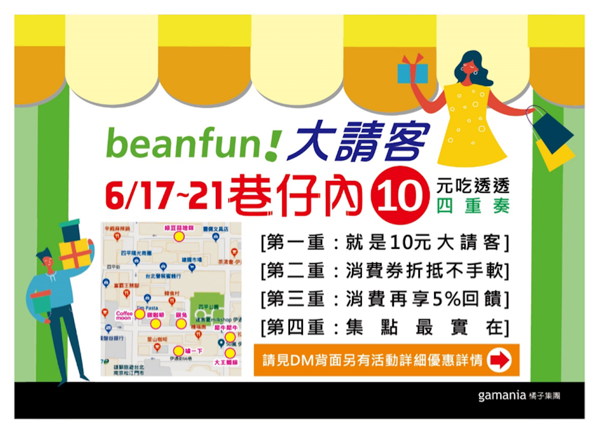 ▲行動生活入口 beanfun!「巷仔內美食」優惠活動反應熱烈，這次強勢回歸台北伊通街商圈，宣告 6 月 17 日到 21 日一連 5 天送上「優惠四重奏」。（圖／活動宣傳圖片）