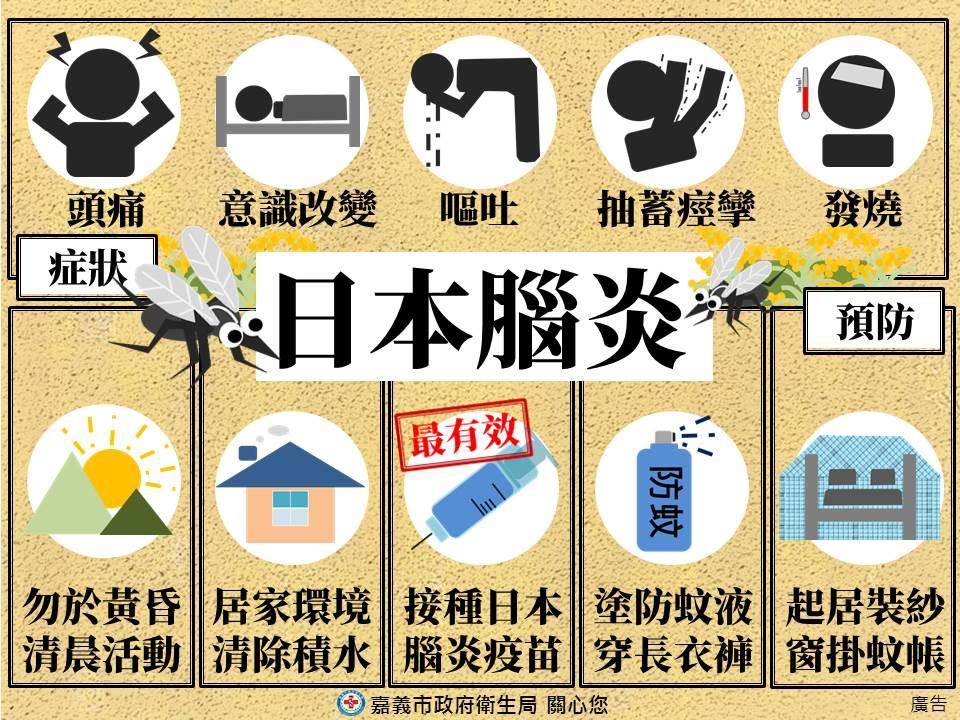 日本腦炎流行季節，嘉市府呼籲加強疫苗注射、防蚊。〔圖／嘉市府提供2019.06.13〕