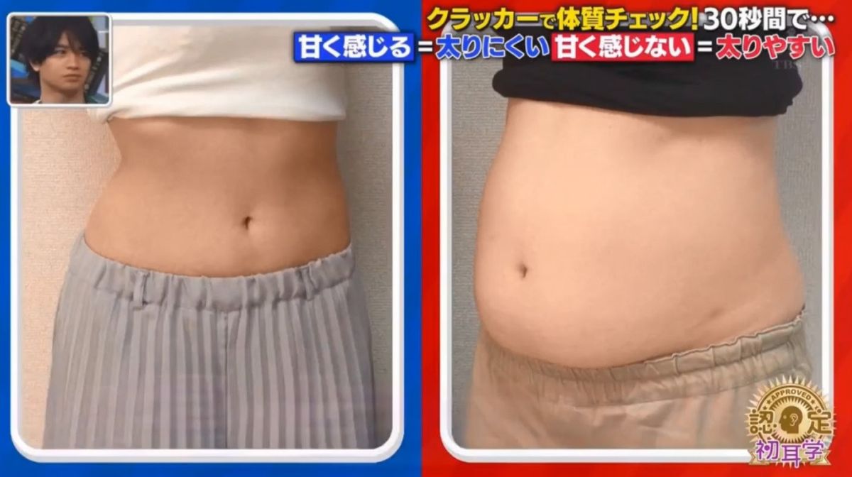 ▲日本節目教觀眾用蘇打餅乾， 30 秒內便可測試出自己是否擁有易胖體質。（圖／翻攝自《林先生が驚く初耳学！》）