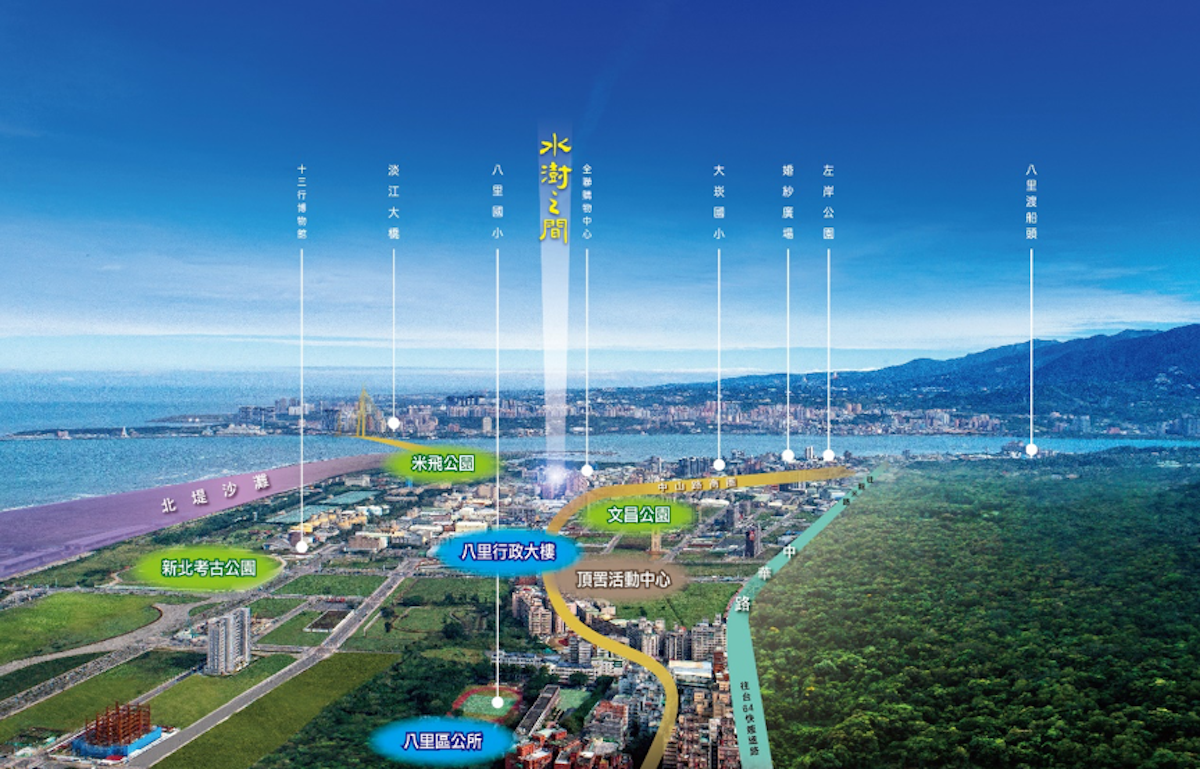 ▲佳瑞建設「水澍之間」建案不但是雙北極少數「一字頭」售價，坐擁淡水河、觀音山美景，鄰近2條快速道路、眾多公車路線，生活機能便利。