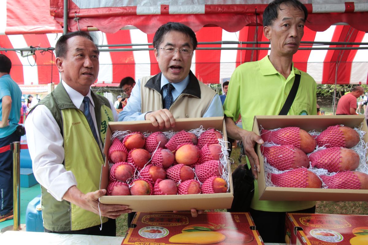 ▲台南市長黃偉哲（中）陪大內區青農蘇俊溢（右）販售愛文芒果，開幕當天已完售60盒10斤裝愛文芒果。（圖／台南市農業局提供）