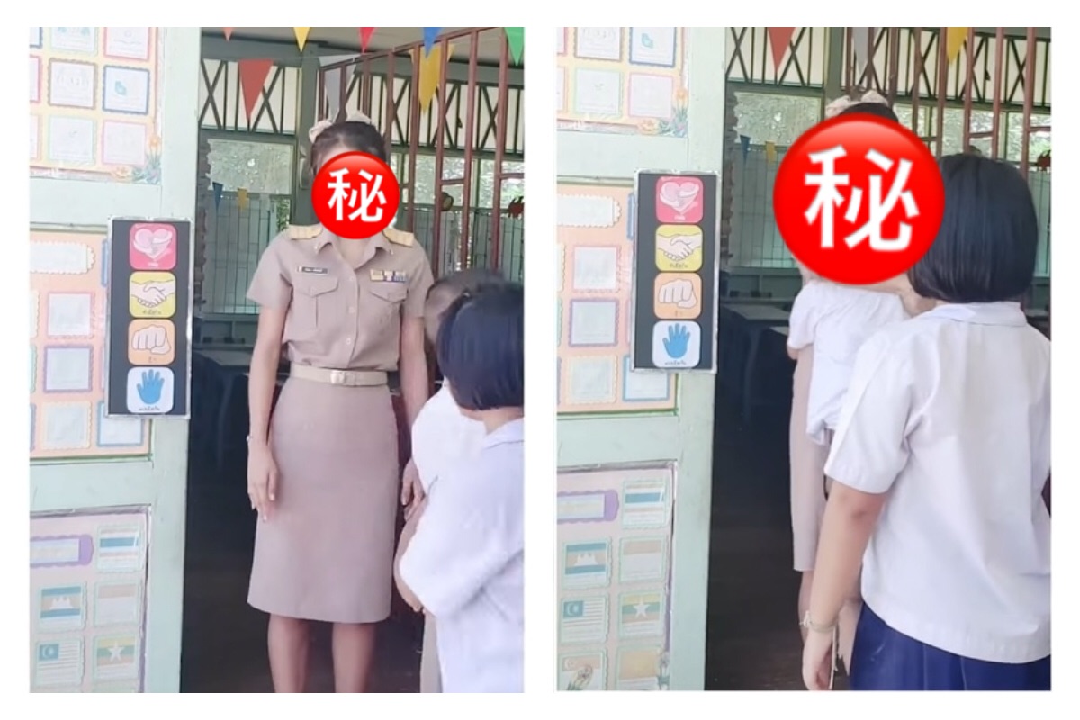 ▲泰國有一位仙氣滿滿的女老師在教室面前跟眾多學生在玩小遊戲互動，孩子們紛紛與老師玩得很開心。（圖／翻攝自影片）