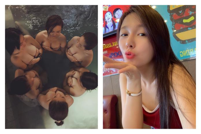 ▲網紅正妹 Angel Lau 這張六姊妹圍一圈泡溫泉的照片引發網友熱議，直呼「鼻血已流乾」。（圖／翻攝自angel520jay的IG）