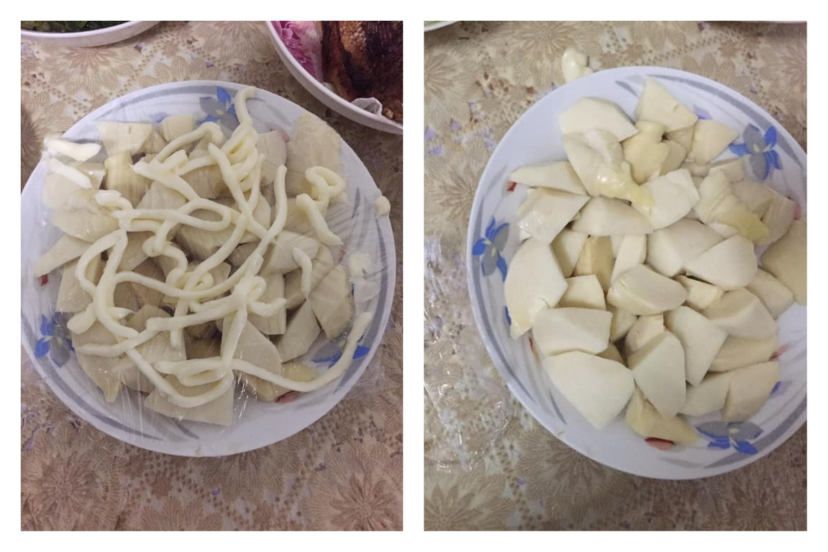 ▲網友分享自己女友媽媽做涼拌筍子配美乃滋，卻搞烏龍把美乃滋直接倒在保鮮膜上，保鮮膜撕掉後美乃滋一秒被移除。（圖／翻攝自爆廢公社）