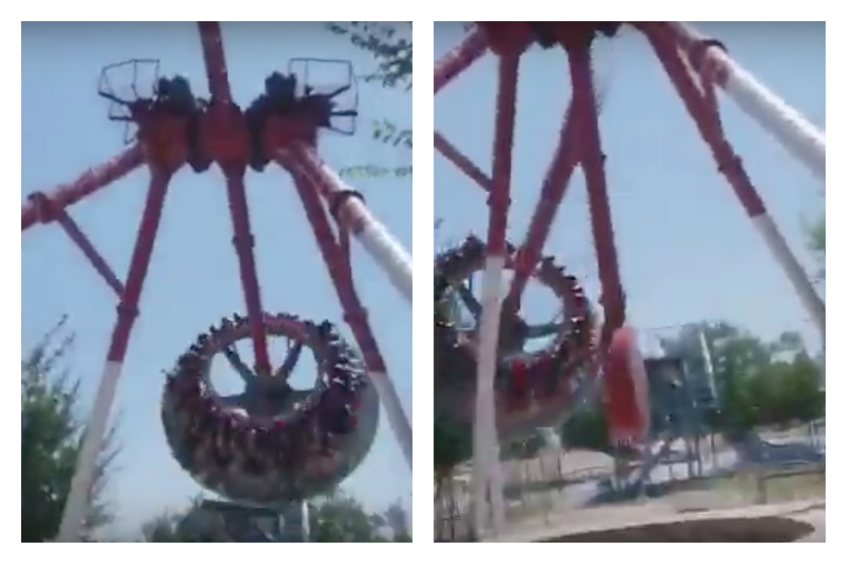 ▲一項 360 度旋轉的遊樂設施竟在運轉中途崩裂墜地，一旁民眾拍下這段畫面，當場被嚇傻。（圖／翻攝自 YouTube ）