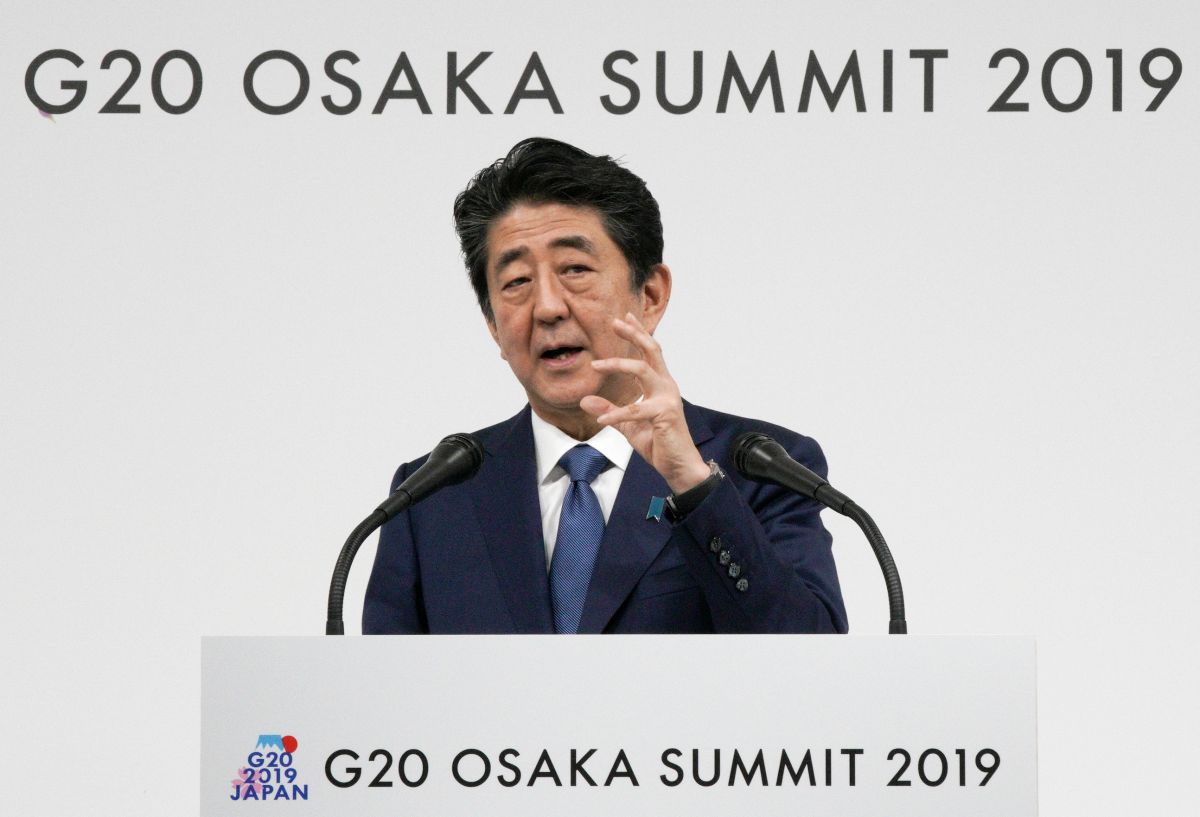 ▲G20大阪峰會閉幕，，通過《大阪宣言》。日本首相安倍晉三在會後舉行記者會。（圖／美聯社／達志影像）