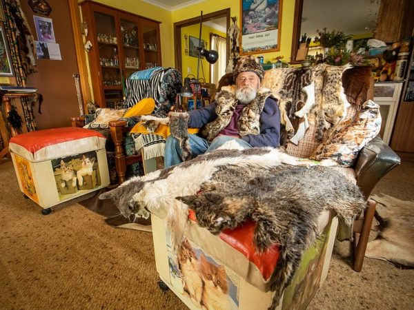 格林穿著自製的貓皮帽、背心、拖鞋，坐在滿是貓製品的家中，儼然是個令人毛骨悚然的博物館。 (圖/James Elsby) 