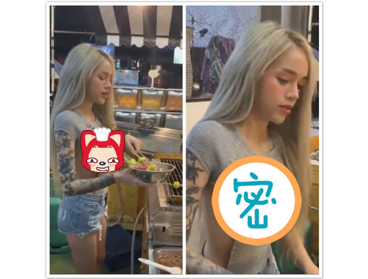 ▲上衣大挖洞！正妹闆娘「雪乳」正面側面全都露，眾人瘋喊想朝聖。（圖／翻攝自youtube）