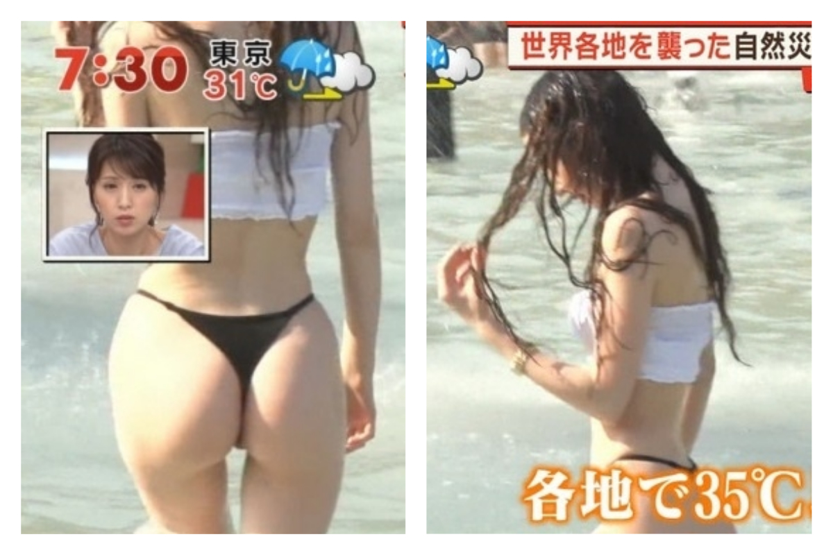 ▲日本晨間新聞播報歐洲熱浪的相關報導，正好一位蜜桃臀泳裝妹從鏡頭前走過，瞬間成為視線嬌點。（圖／翻攝自朝日電視台）