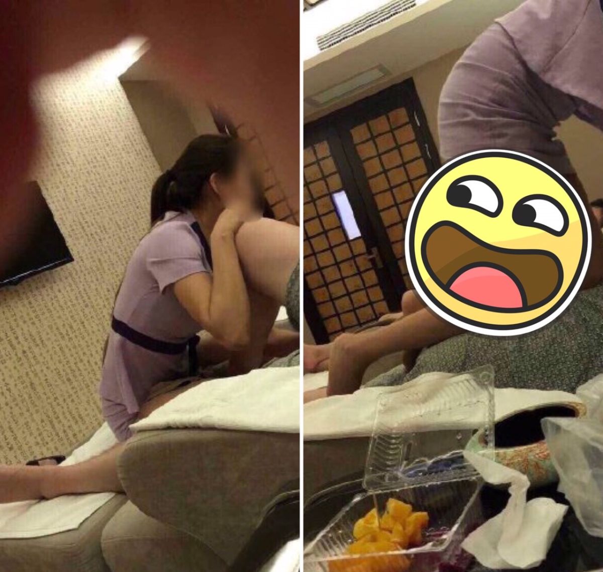 ▲短裙按摩妹蜜腿狂溢！纖手猛撩「超貼身服務」秒惹怒正宮。（合成圖／翻攝自微博）