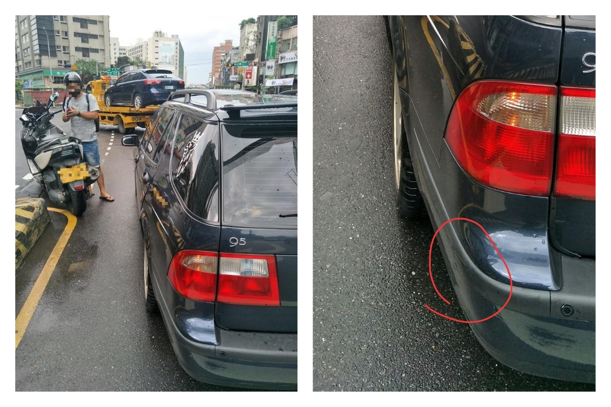 ▲轎車被重機沒收起的踏板刮傷，殊不知重機騎士並沒有道歉。（合成圖／翻攝自爆廢公社）