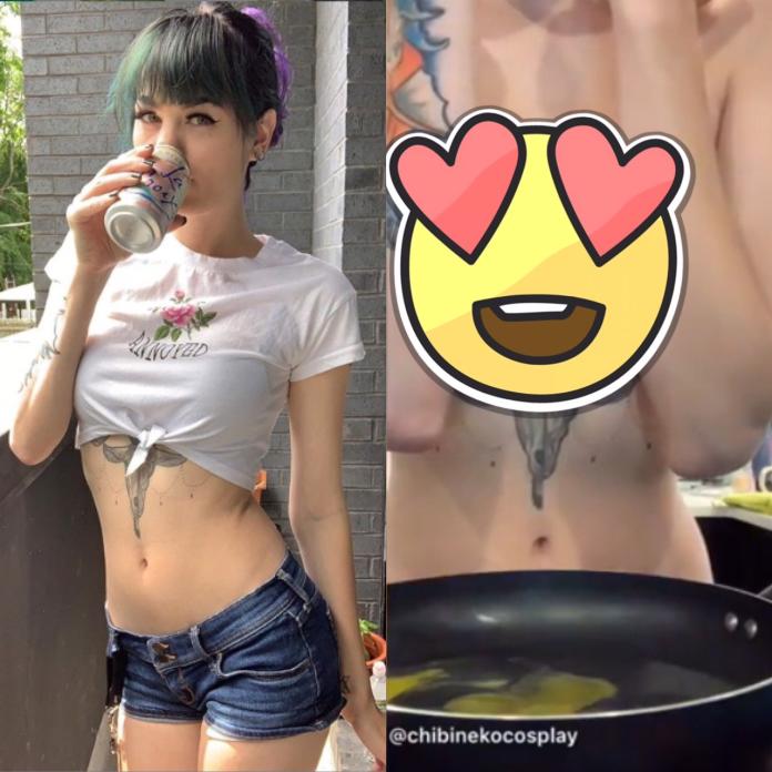 ▲影／刺青辣妹「雪乳夾蛋」秀神技，美胸蠻腰眾人狂暴動。（合成圖／翻攝自 chibinekocosplay  IG ）
