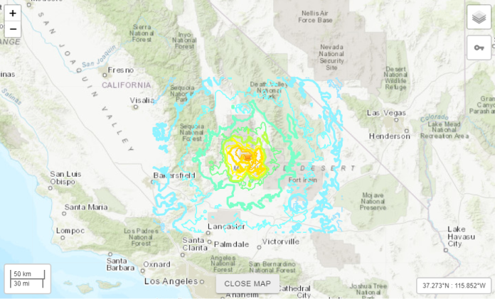▲美國南加州發生規模6.4強震，震央位在洛杉磯東北方大約240公里的莫哈維沙漠附近。（圖／翻攝推特）