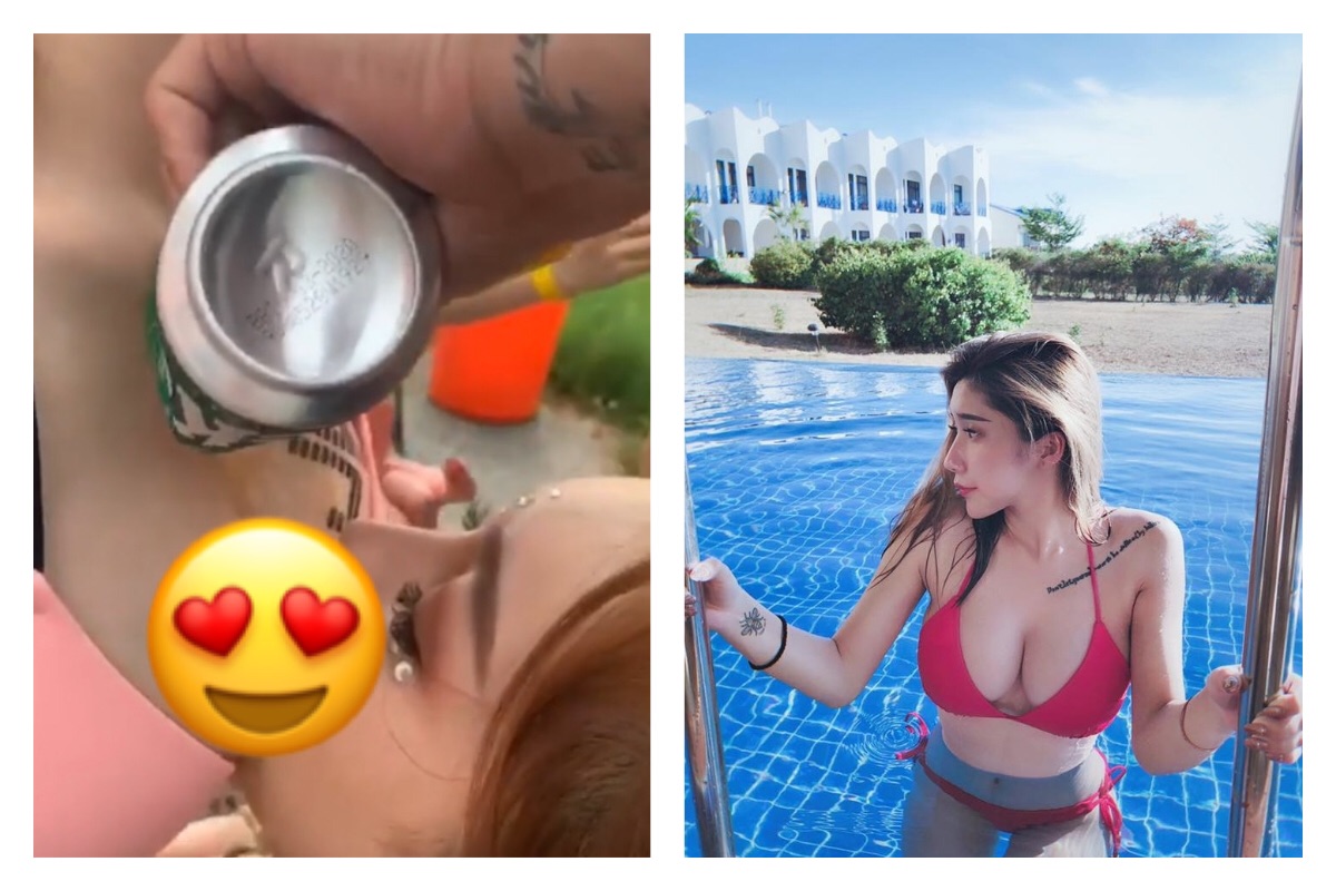 ▲網路上流傳著一段「最狂喝酒方式」的影片，是由許多身材姣好的網紅正妹突發奇想所拍攝的，讓眾多男性網友非常羨慕。（圖／翻攝自 JKF 論壇和蕭晴臉書）