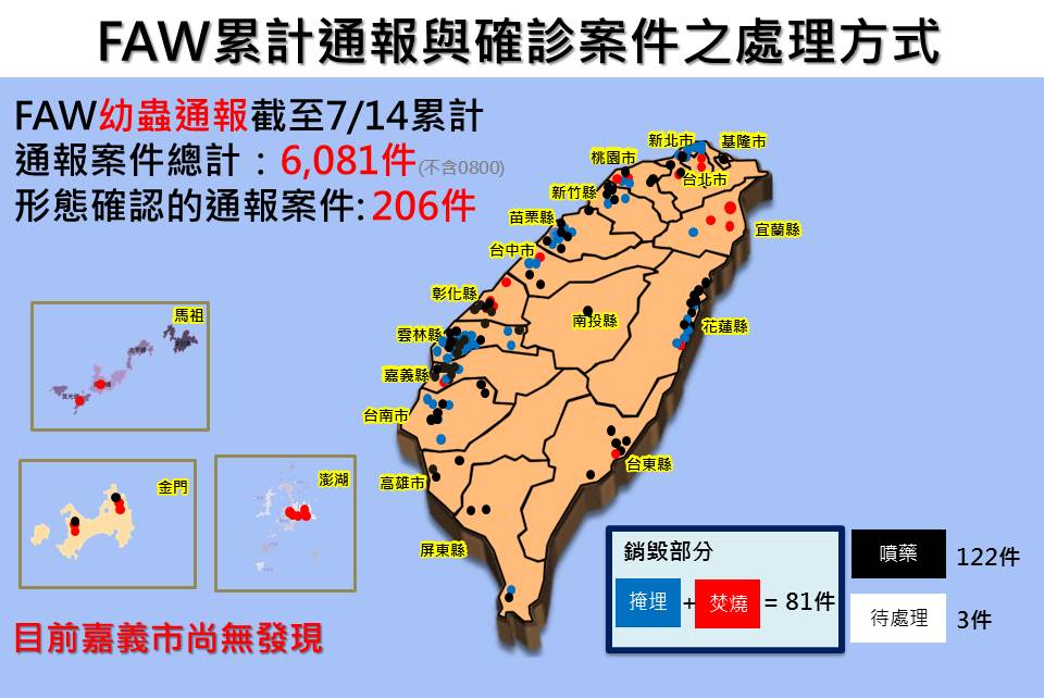 ▲農委會指出，目前除嘉義市外，全國各縣市均有秋行軍蟲通報確定案件。（圖／防檢局提供）