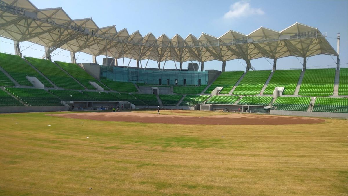 ▲台南一處球場內野草皮發現秋行軍蟲蟲害。（圖／台南市政府楊復森提供）