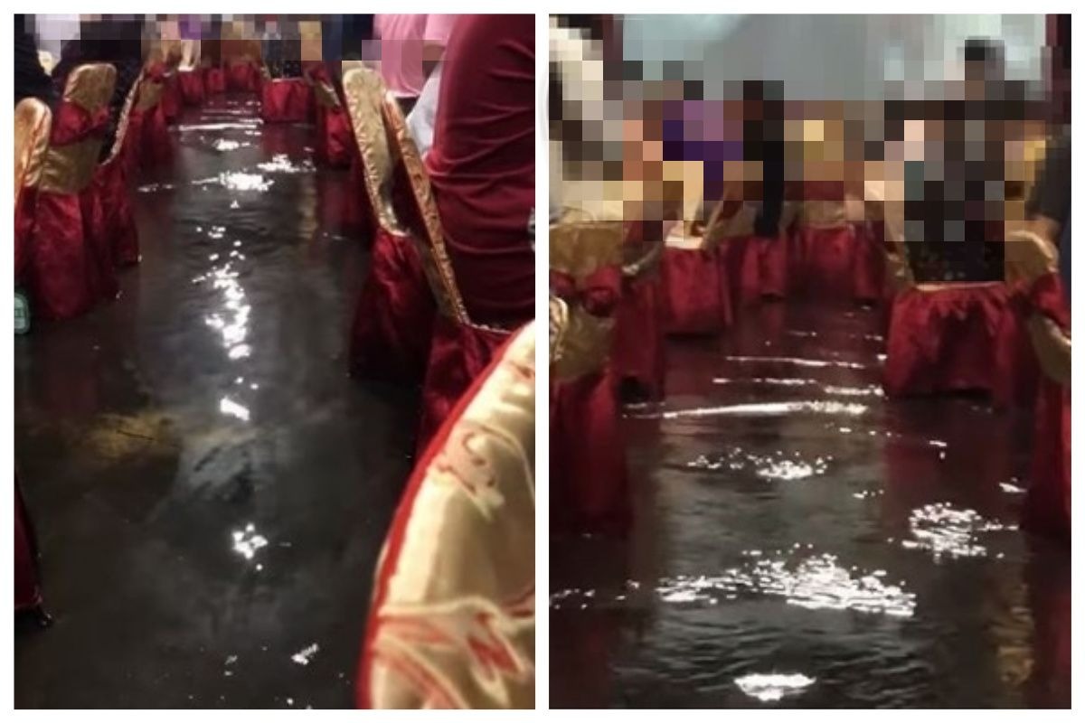 ▲台南一名網友分享自己去吃辦桌，結果現場淹水，真的變成「流水席」的經驗。（圖／翻攝自臉書社團「爆廢公社二館」）