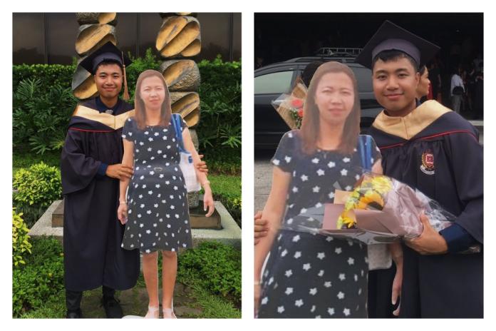 ▲菲律賓一位畢業男大生，帶著過世媽媽的真人大小看板，在畢業典禮上合照，讓網友感動不已。（圖／翻攝自 Paulo John 的推特）