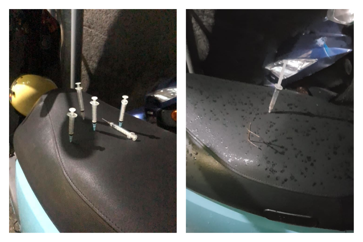 ▲自己停在路邊的機車，被人插了無數支針筒在上面，那真的是非常駭人。（圖／翻攝自臉書社團《基隆人》）
