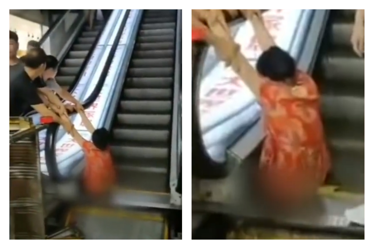 ▲中國大陸驚傳一起手扶梯「吃人」意外。（合成圖／翻攝自梨視頻）
