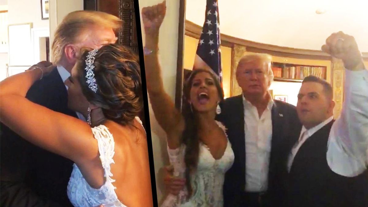 ▲美國一對新人，舉辦一場主題為「讓美國再次偉大」的婚禮，想不到川普真的來了。（圖／翻攝Inside Edition）