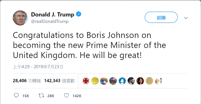▲川普發文祝賀強生將成為英國首相。（圖／翻攝自川普推特）