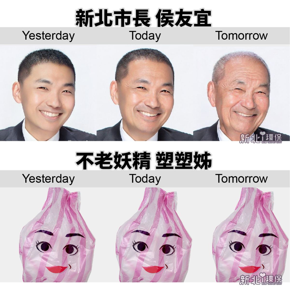 ▲新北市環保局小編使用老臉APP描述塑膠袋「塑塑姊」不會衰老，對環境造成莫大傷害。（新北市環保局提供）