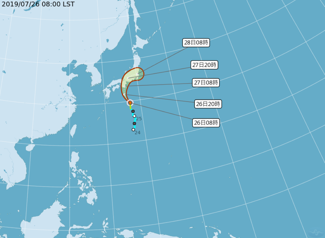 ▲根據氣象局的資料顯示，今日8時的中心位置在北緯 29.6 度，東經 137.1 度，以每小時23公里速度，向北北西進行。(圖／中央氣象局)