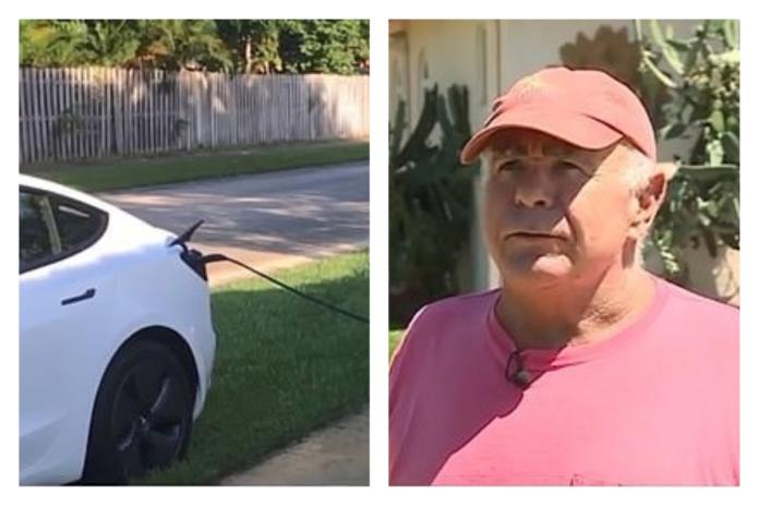 ▲美國佛羅里達州一名男子，某天起床發現院子裡多一輛特斯拉轎車。（合成圖／翻攝自 WPBF ）