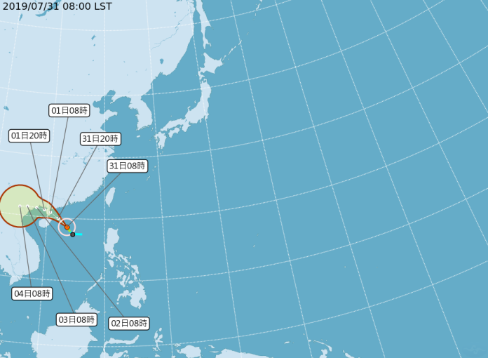▲第 7 號颱風薇帕今（ 31 ）日 8 時生成，以時速 20 公里向西北西朝廣東至海南島移動。（圖／中央氣象局）
