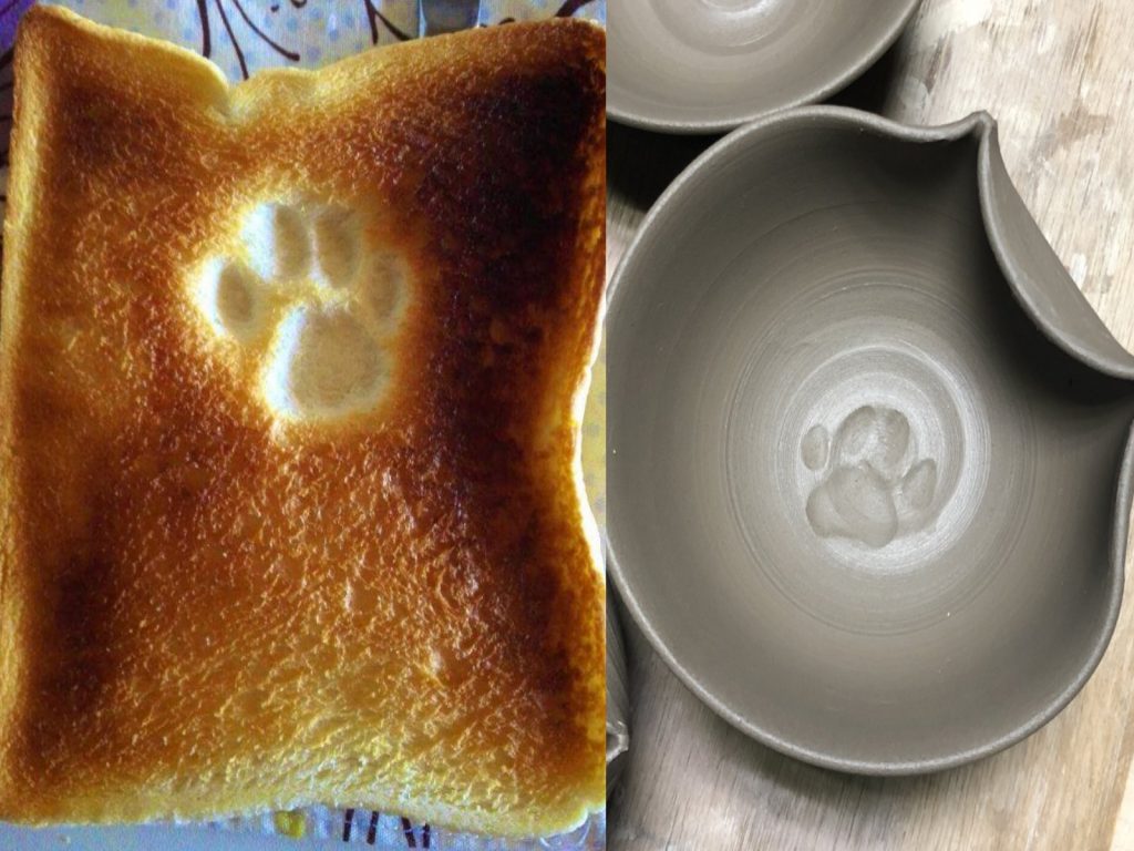 吐司以及剛做好的陶盤上都出現貓咪腳印（圖／twitter@6_roku、craftkijin）