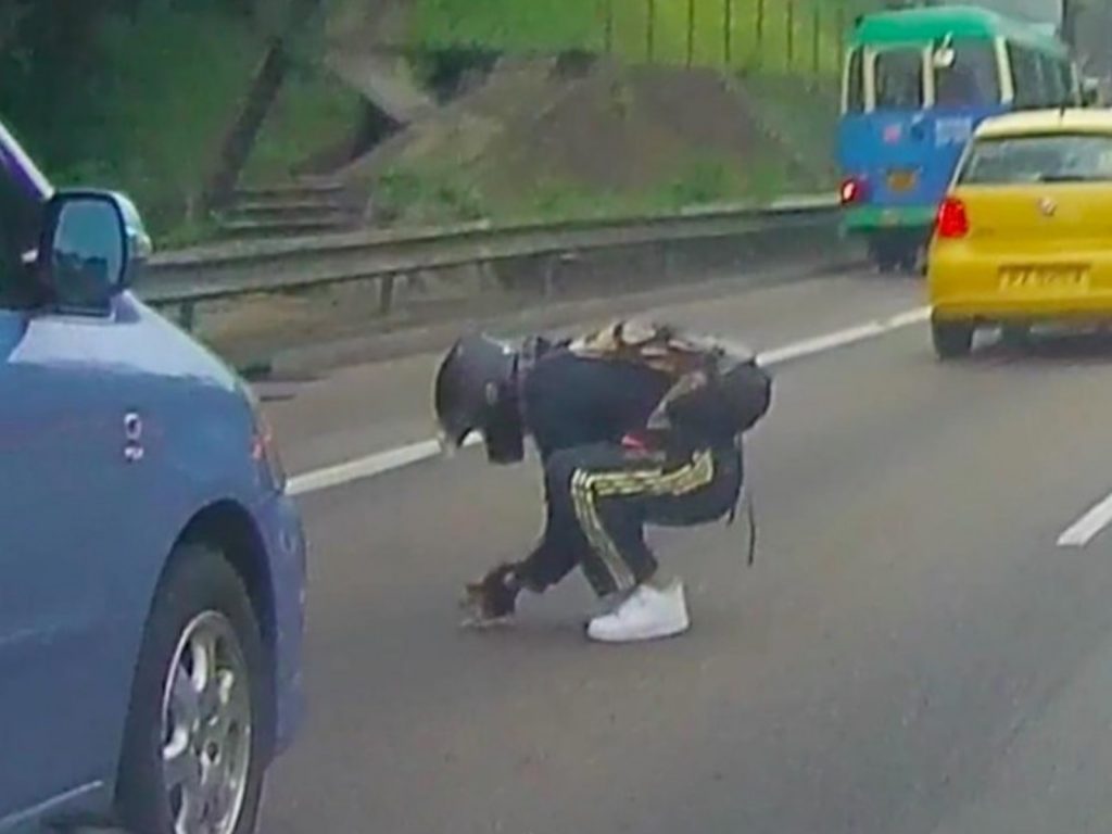 騎士郭姓男子冒險在車陣中救起一隻小貓咪（圖／On.cc）