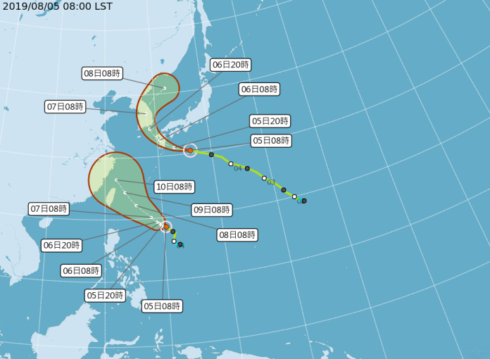 ▲輕颱利奇馬最快明日增強為中度颱風，氣象局預測，周四、周五將會是颱風影響台灣最劇烈的時間。（圖／中央氣象局）