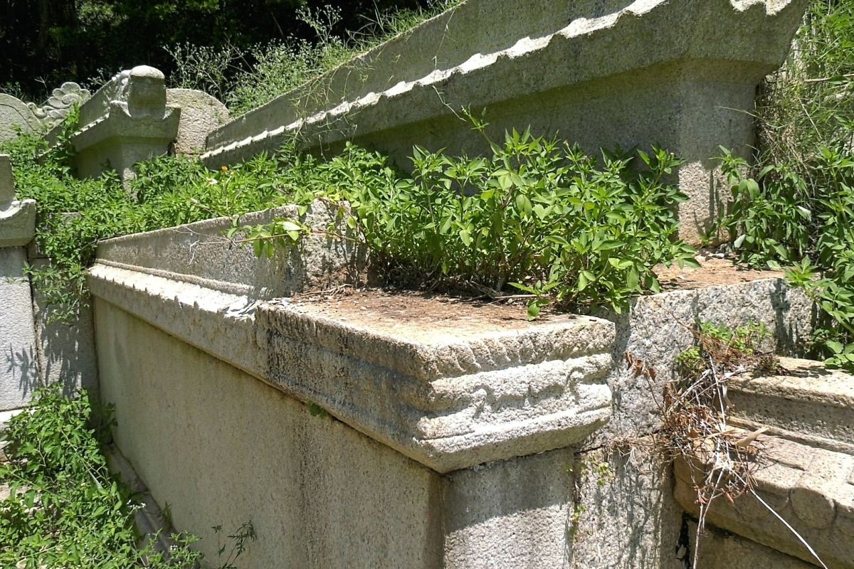 ▲有四百多年歷史的金門「陳健墓」，墓前左側石獅不翼而飛，疑似遭竊。（圖／蔡若喬攝, 2019.08.05）