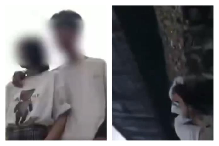 ▲小情侶合照（左）、連同攝影者在內的 3 人都被吹倒（右）。（合成圖／翻攝自新京報）