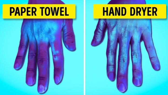 ▲圖左是用烘手機烘過的手的細菌量，圖右則是用紙巾擦過的手的細菌量。（圖／翻攝自網路）