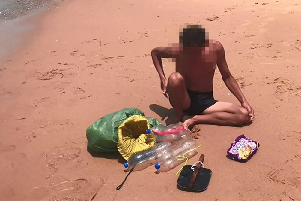 ▲王姓男子靠著4只空寶特瓶和一支手作小槳，成功從福建漳州泅渡至小金門。（圖／金門岸巡隊提供）