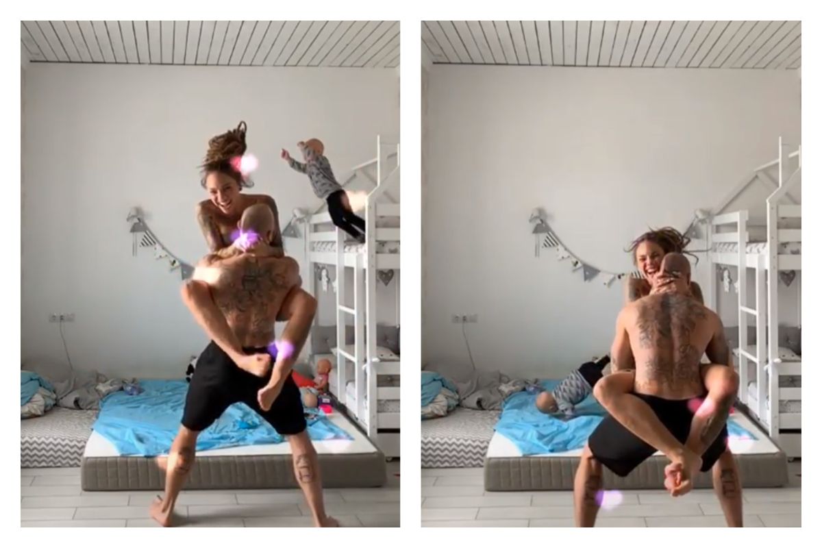 ▲失職爸媽顧著拍抖音， 3 歲兒子模仿媽媽動作從高處一躍而下。（合成圖／翻攝自 bonor_gabriel IG）