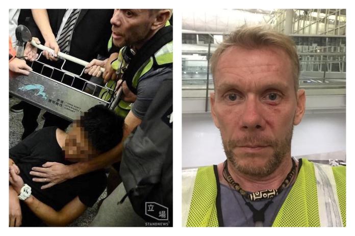 ▲香港抗議民眾在機場毆打一位被懷疑是公安的男子，英國˙記者挺身保護。（圖／翻攝自立場新聞， Richard Scotford 的臉書）