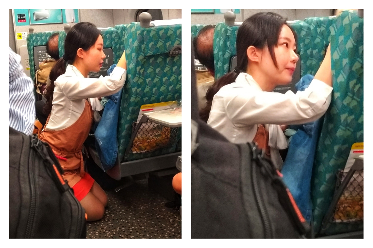 ▲網友分享高鐵服務員蹲在地上安慰情緒不穩乘客的畫面，大讚高鐵服務員「人美心更美」。（圖／翻攝自臉書爆怨公社二館）