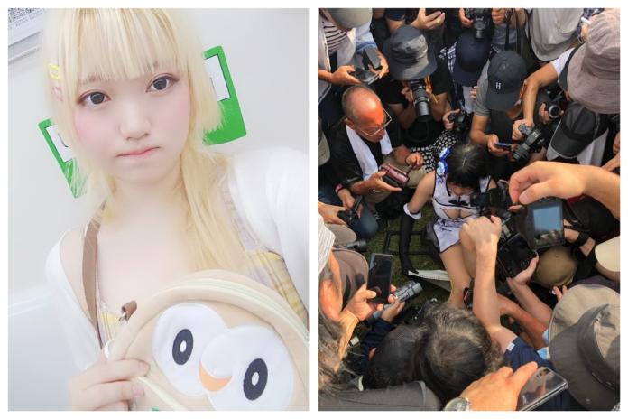 ▲一名中國大陸 Coser 慘遭大批日本攝影師包圍，狂拍胸部和裙底風光，嚇得她跌坐在地上飆淚。（合成圖／翻攝自推特）