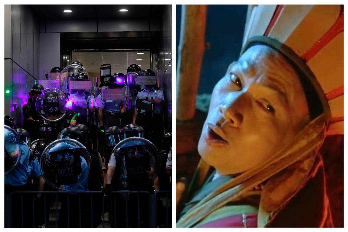 ▲近日網路上瘋傳一段「香港阿 Sir『用愛感化』勸離示威者」的影片，影片中港警用溫柔的聲音苦口婆心勸示威者離開，令許多網友看了紛紛笑稱：「根本是羅家英飾演的唐僧附身了！」（合成圖／達志影像／美聯社／翻攝自微博）