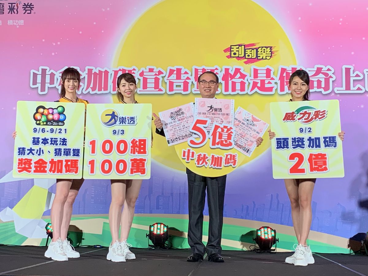 ▲台灣彩券公司總經理蔡國基（右二）宣布，2019年中秋電腦彩券加碼5億元，其中威力彩9月2日頭獎加碼2億元，大樂透9月3日加開百組百萬元。（圖／記者顏真真攝，2019.8.19）