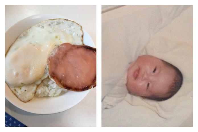 ▲日本網友曬出自己的童年嬰兒照，神撞臉火腿煎蛋飯，讓大家笑翻。（圖／翻攝自@puripuripuritei 的推特）