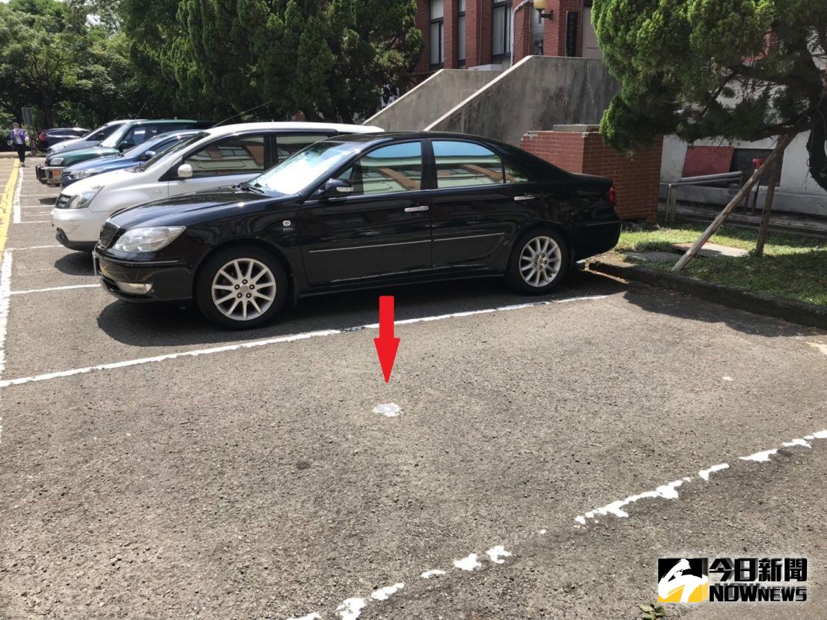 ▲新竹縣政府與電新業者合作，在停車格埋設地磁感應設備（箭頭處），方便駕駛用手機找尋停車位。（圖／記者常似虎攝）