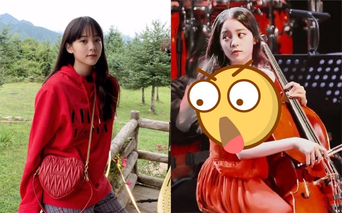 ▲歐陽娜娜在演奏會上肩帶不斷滑落，險些走光。（圖／翻攝自微博）