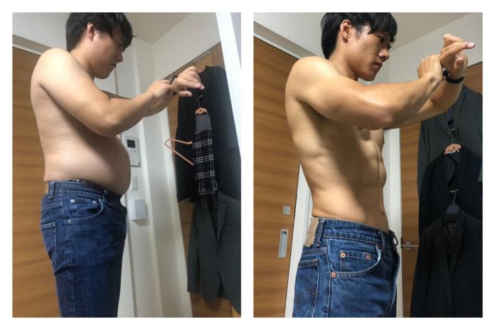 ▲日本關西一名男子分享自己 5 個月的體態變化，讓網友大驚「判若兩人」。（合成圖／翻攝自 @hiiragisensei 推特）