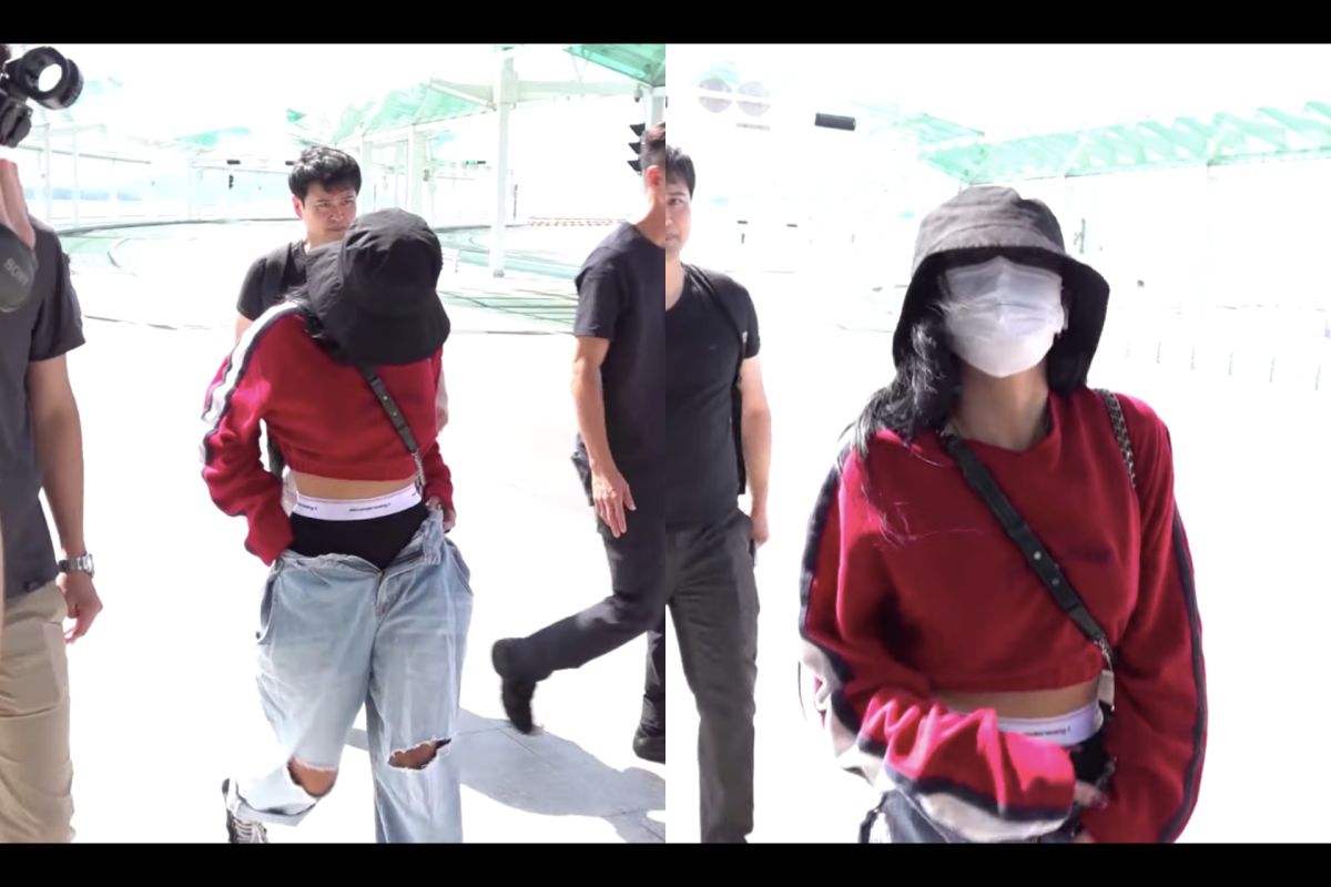 ▲華莎嘗試男生的褲頭時尚露出一半內褲。（圖／Newsen YouTube）