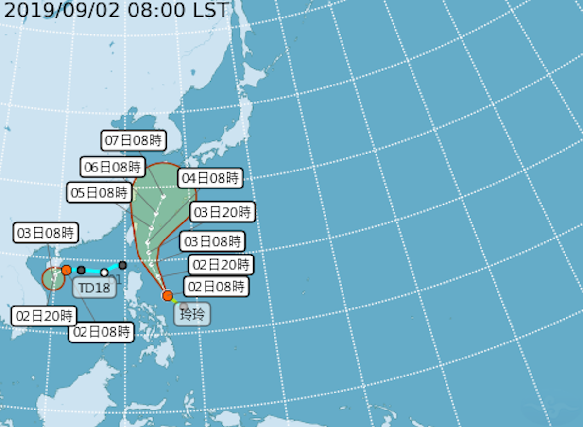 ▲第 13 號颱風「玲玲」今（ 2 ）日上午生成，預估周三、周四最接近台灣，位於南海的熱低壓今日也可能增強為「劍魚」颱風，遠洋還有個準颱風「法西」也將於這幾天生成。（圖／中央氣象局）